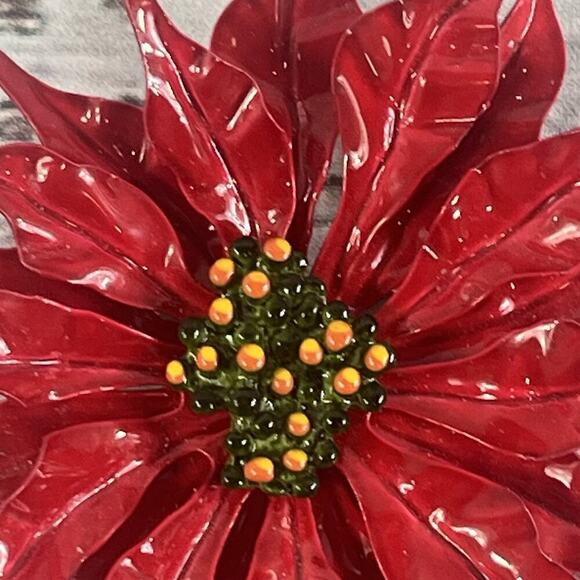 Vintage 60's Enamel Flower Poinsettia Brooch Pin Red Green Jewelry MCM Mod 5" - Picture 3 of 16